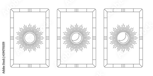 Set of vector vintage minimalistic cards with sun and moon. Magic abstract linear elements. Perfect for tattoos, tarot, logos and social media