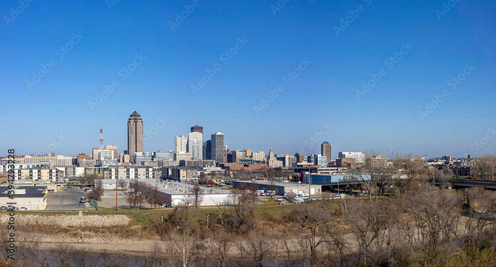 Panorama of Des Moines Skyline from McRae Park at daytime.