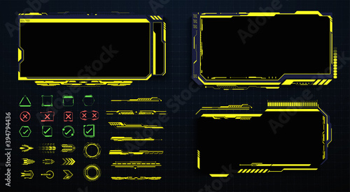 Screens HUD, UI, GUI futuristic interface. Callouts titles. Head up screens for video games, apps, movie. frame in Sci- Fi style. Bar labels, info call box bars. Futuristic info boxes layout templates