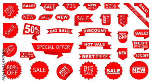 Sale Label collection set. Set ribbon banner and label sticker sale offer and badge tag sale advertising. Discount red ribbons, banners and icons. Cffer discount coupons. Vector illustration. photo