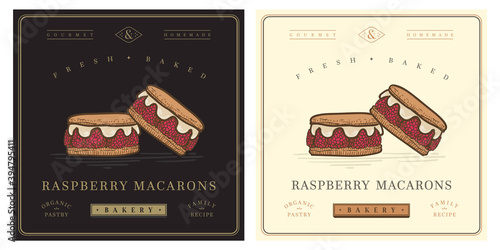 Raspberry cream Macarons vintage retro illustration