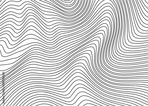 Striped waves from thin black lines on a white background.Vector illustration. Geometric art