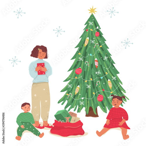 Happy children unpack Christmas gifts. Cute Christmas and New Year illustration in flat hand drawn style. Festive elements for Christmas design.