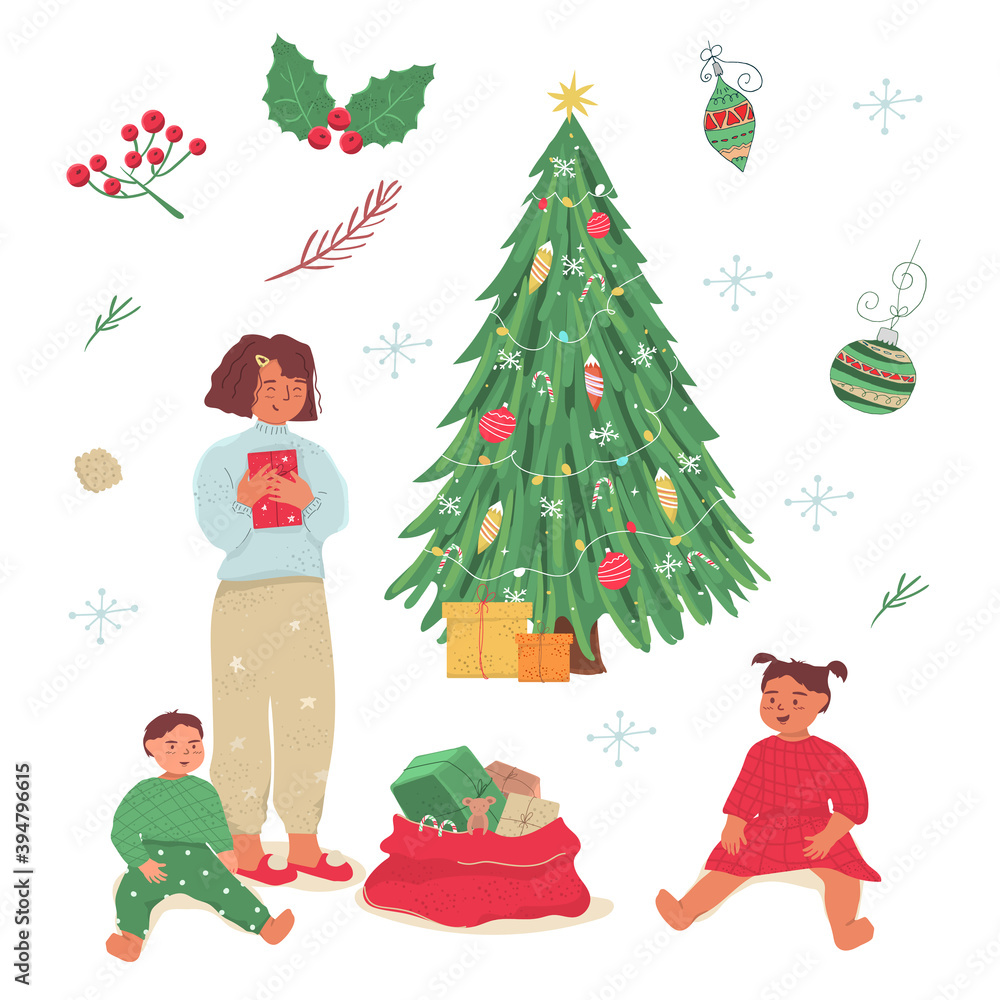 Happy children unpack Christmas gifts. Cute Christmas and New Year illustration in flat hand drawn style. Festive elements for Christmas design.