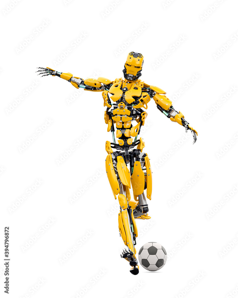 master cyber robot is kicking the football ball