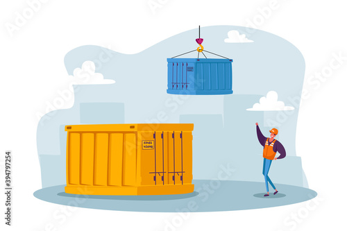 Male Worker in Seaport. Freight Forwarder Working on Container Terminal Harbor. Engineer Loading Containers at Port