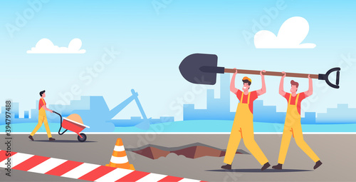 Builder Characters with Huge Shovel for Digging Soil. Workers in Helmets Using Spade for Removing Ground and Sand