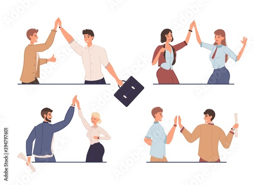 Set of cartoon flat characters friends happy greeting each other-various poses, emotions,social communication and friendship concept