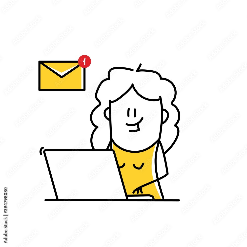 Funny female stick figure working on laptop with letter icon.