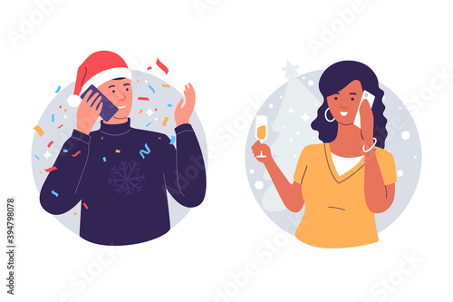 Man and woman congratulate each other by phone merry christmas and happy new year. People talking on the telephone during the holiday. Illustration of phone call. Isolated on wite.
