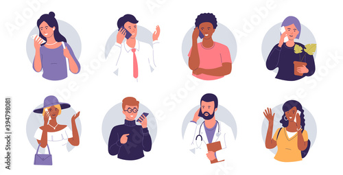 People talking on a cell phone. Men and women calling and recording voice messages. Telephone conversation with friends and family. Illustration of phone call. Isolated on white.