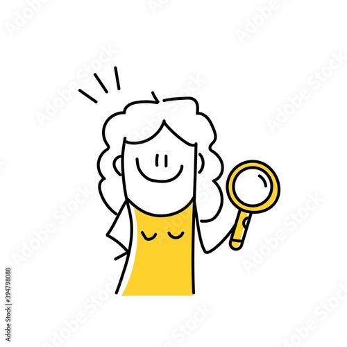 Stick figure girl with magnifying glass. Search, find, discovery, inspect, investigation concept illustration in cartoon.