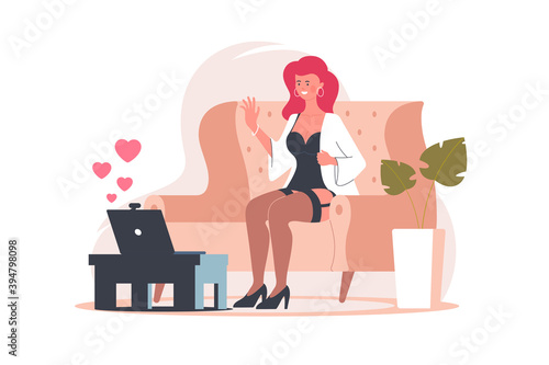 Beautiful girl posing in front of a web camera. Webcam model working in sex chat. Girl shows online striptease. Flirting on the internet. Vector illustration isolated on white.