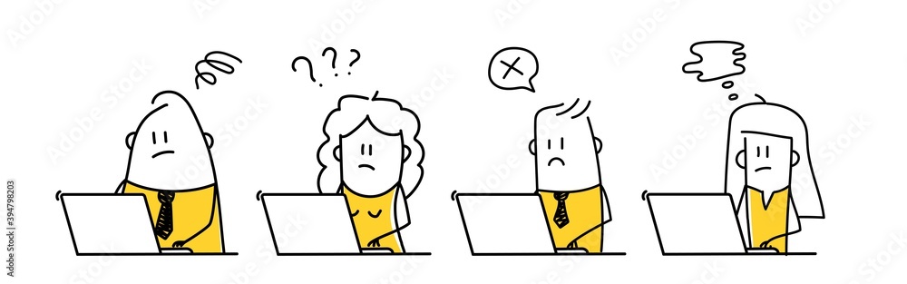 Group of business stick figures with negative emotions working on laptop. Group of business stick figures with negative emotions working on laptop.