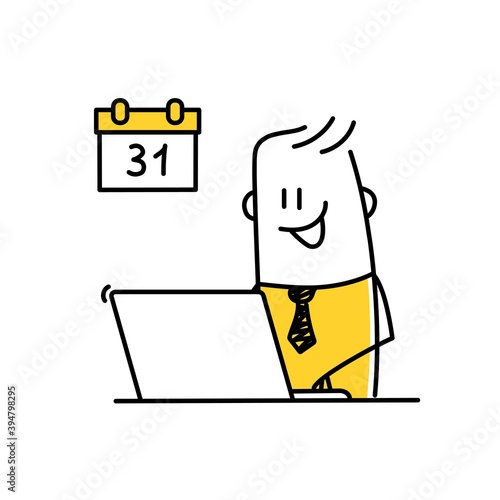 Funny stickman working on laptop, planning concept.