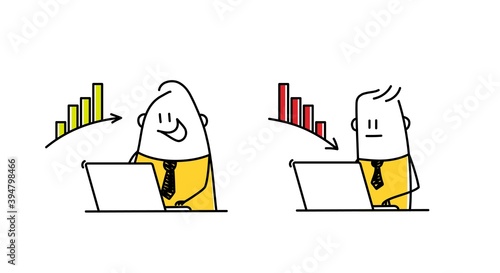 Funny stickman working on laptop, decrease and increase graph icon concept. 