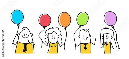 Funny stick figures with balloons.