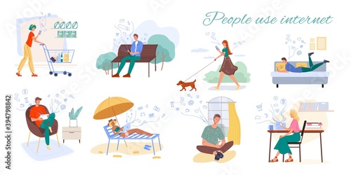 Set of cartoon flat characters surfing internet indoor and outdoor-different poses,places,people,gadgets and devices. Web online, site design concept