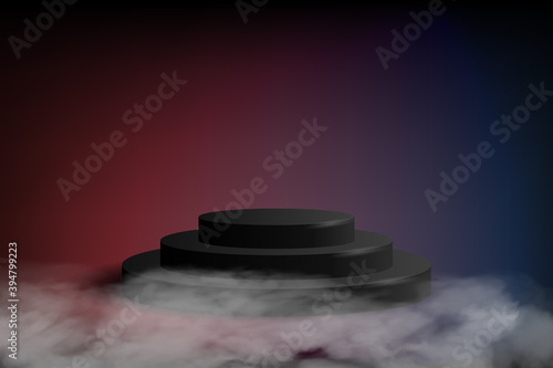 black podium on dark blue and red background. Empty cylinder pedestal for product show, surrounding with smoke or fog. Mystical scene with platform vector mockup