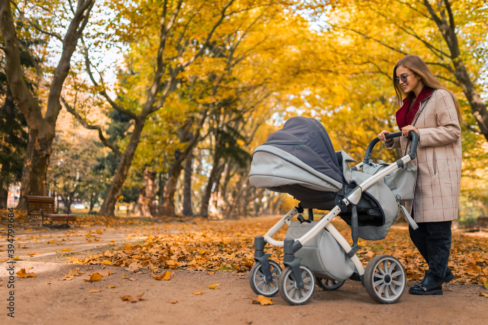 Stylish mom with stroller in autumn park Stylish mom with stroller in autumn park