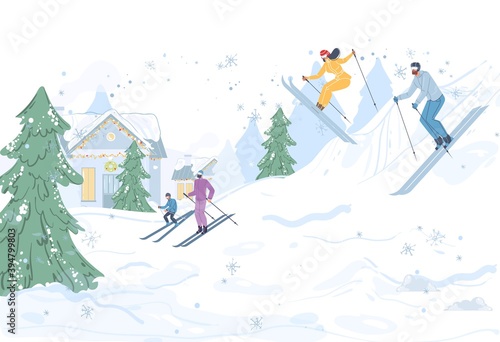 Flat cartoon family characters doing winter outdoor activities,skiing in snow,healthy lifestyle,sport and ski resort concept