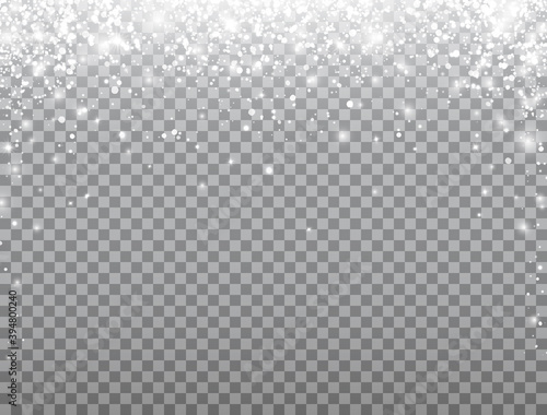 Shining snow frame. Merry Christmas card. Snow falling on transparent background. Celebration banner. Magic snowfall border. Winter design elements for card, poster, web. Vector illustration