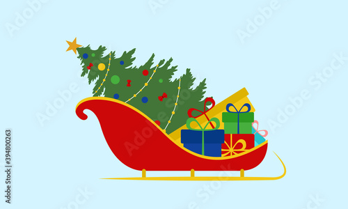 Santa sleigh with gifts and Christmas tree. Vector illustration. Flat design