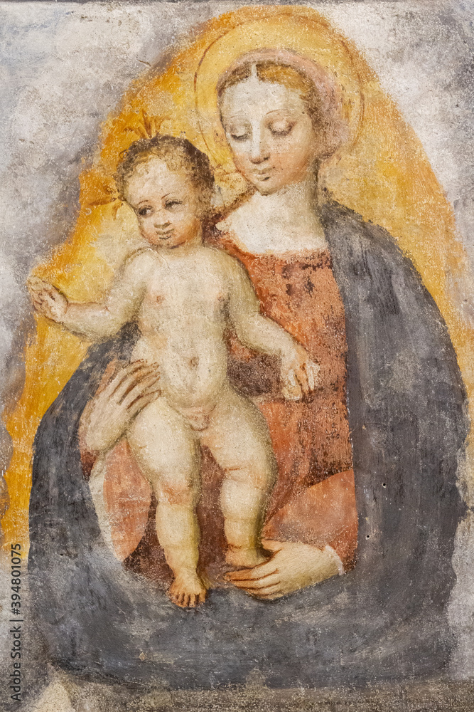 A fresco of the Virgin Mary with Infant Jesus in the 