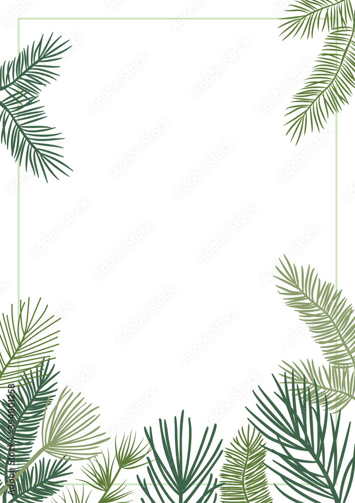 Christmas plant vector border with fir and pine branches, evergreen wreath and corners frames. Nature vintage card, foliage illustration