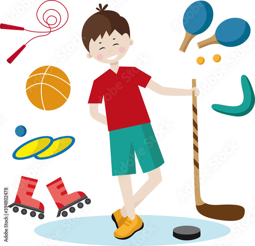 Cartoon set boy with sports equipment vector image