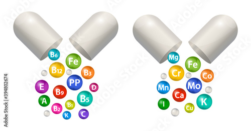 Capsule pill vector vitamin and mineral supplement set. 3d bubbles multivitamin complex. Essential icons for health. Healthcare illustration