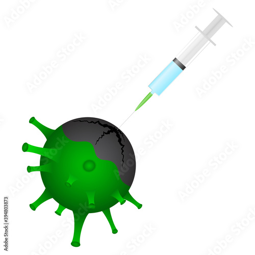 Covid-19 vaccine concept. Cracked green virus molecule with a hypodermic needle, on white isolated background.