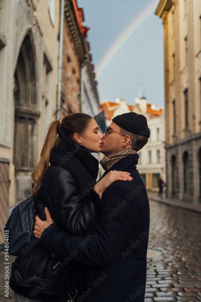 Love story, couple walking at the old city, library and cafe