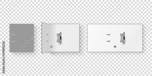 Vector 3d Closed and Opened Realistic Gray Blank, Empty Office Binder Set with Metal Rings for A4 Paper Sheet Closeup Isolated on Transparent Background. Design Template, Mockup, Top View