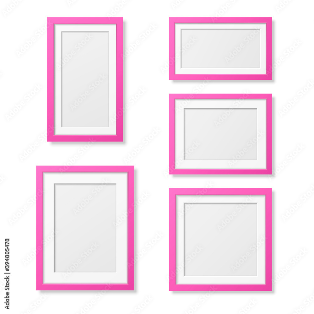 Vector 3D Reaistic Wooden or Plastic Simple Modern Minimalistic Pink Picture Frame Set Isolated on White Background. Design Template for Mockup, Presentations, Art Projects and Photos