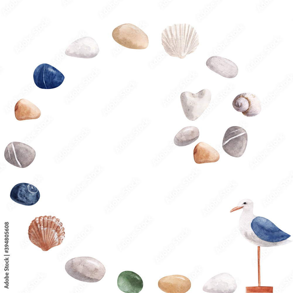Obraz premium watercolor marine illustration. Hand-painted boats, seagulls, seashells, pebbles, heart-shaped pebble and ducks. Great for greeting cards, posters, invitations, flyers 