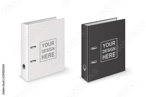 Vector 3d Closed Realistic Black and White Office Binder File with Metal Rings for A4 Paper Sheet Closeup Isolated on White Background. 4cm, 5cm. Design Template, Mockup, Side, Isometric View