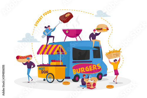 Characters Buying Street Food Concept. Tiny People with Huge Fastfood Burger, Hot Dog with Mustard, Noodles Junk Meals