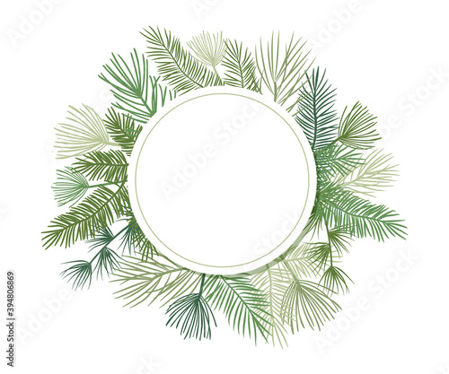 Christmas plant vector circle border with fir and pine branches, evergreen wreath and corners frames. Round nature vintage card, foliage illustration