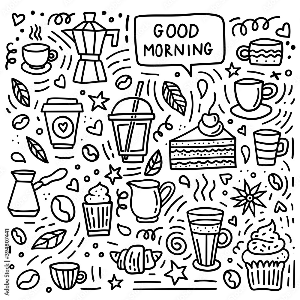 Coffee doodle set. Good morning background with beans, cups, mugs and desserts for shop or menu Coffee doodle set. Good morning background with beans, cups, mugs and desserts for shop or menu