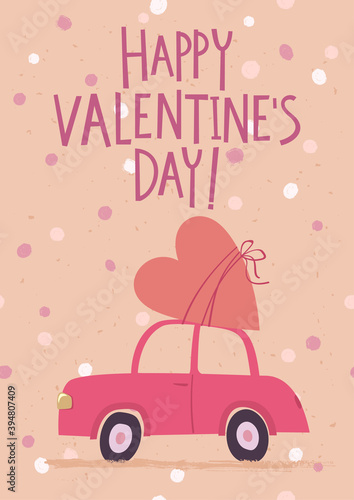 Valentine's Day greeting card with cute retro car and big heart or the roof. ...