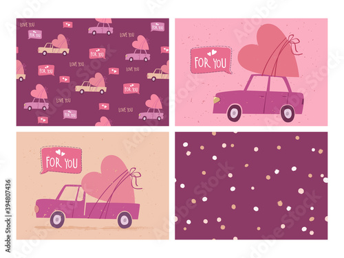 Set of Valentine's Day greeting horizontal cards or banners with cute retro c...