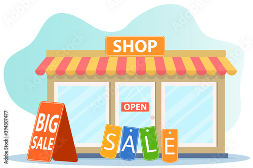 The store conducting the sale is waiting for customers.Black Friday and big discounts.Attracting clients and training staff .Flat vector illustration.