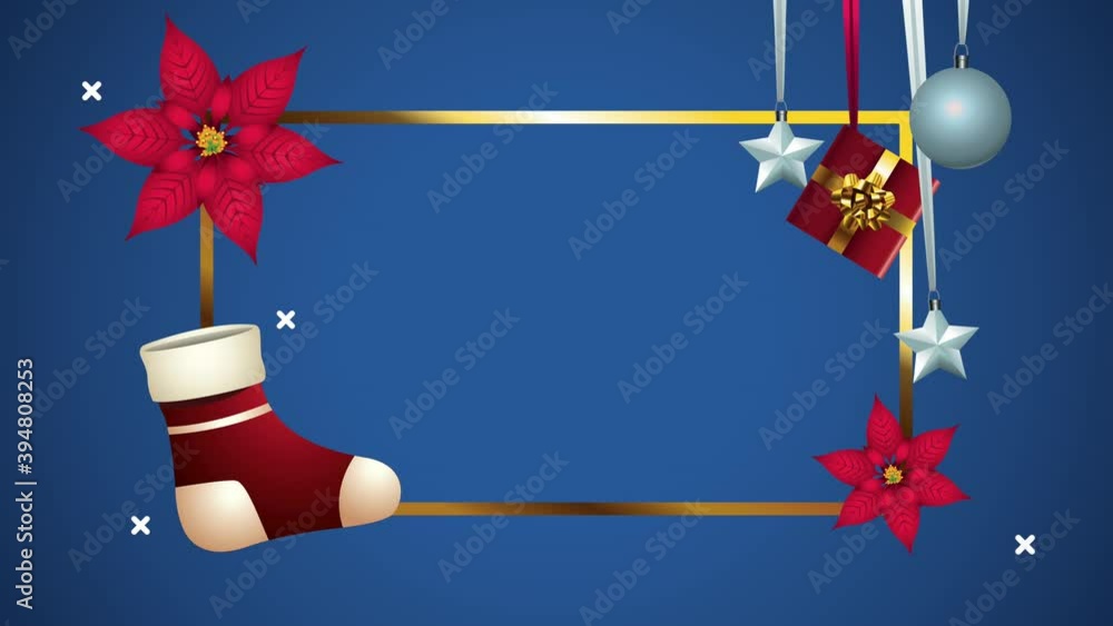 happy merry christmas square frame with sock and balls happy merry christmas square frame with sock and balls