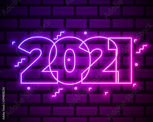 2021 Neon Text. 2021 New Year Design template. Light Banner. Vector Illustration. New 2021 Year sign in neon design on brick wall background.