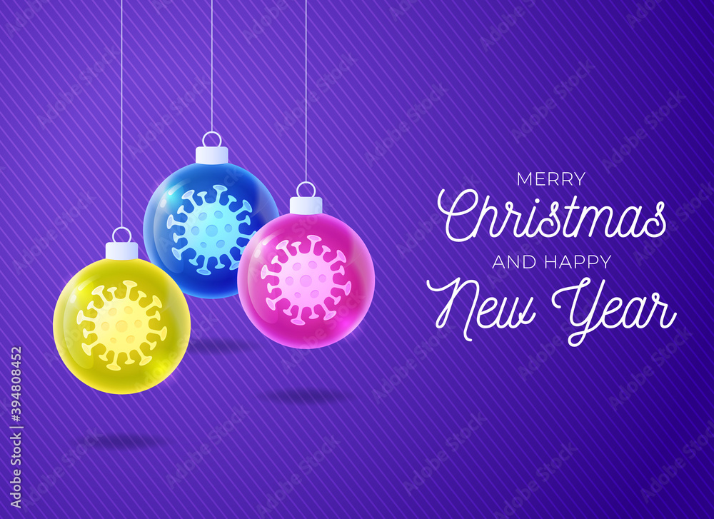 Futuristic Merry Christmas and Happy New Year Coronavirus outbreak concept. Christmas or new year Concept prevention COVID-19 disease with virus cells, glossy realistic ball on purple background Futuristic Merry Christmas and Happy New Year Coronavirus outbreak concept. Christmas or new year Concept prevention COVID-19 disease with virus cells, glossy realistic ball on purple background