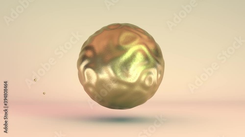 A Golden abstract sphere from which small Golden balls fly out and disappear. Abstract 3D loop animation, abstract screensaver, banner.