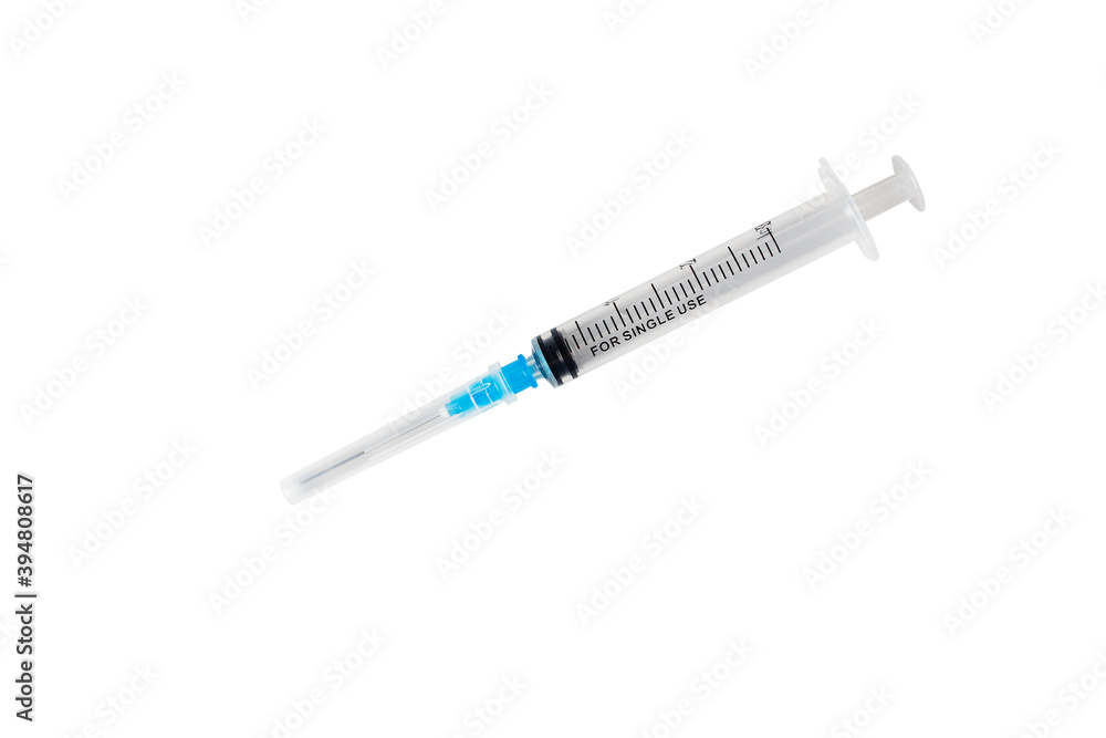 Syringe with a needle in the protective cap isolated on a white background Syringe with a needle in the protective cap isolated on a white background
