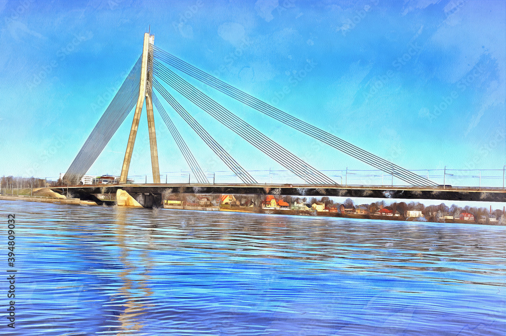 Modern bridge over Daugava river colorful painting looks like picture, Riga, Latvia.