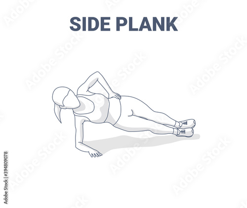 Side Plank Female Home Workout Exercise Guidance Outline Concept Illustration.